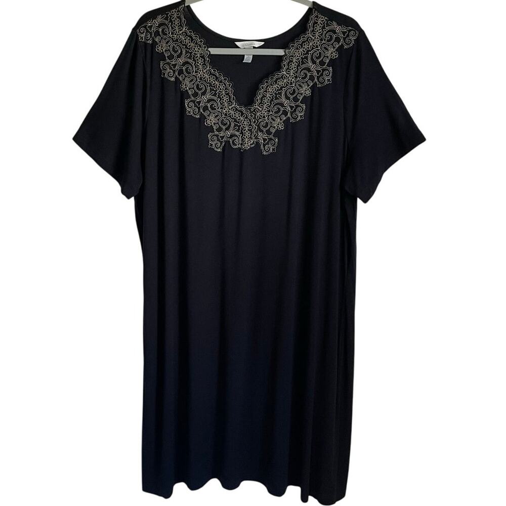 Soma Black Knit Nightgown Sleep Loungewear Dress Lace Inset Short Sleeves Sz XL